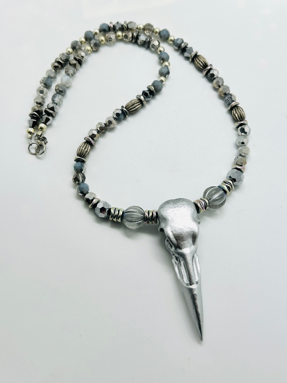 Silver Raven Skull Pendant Necklace with Faceted Glass Beads
